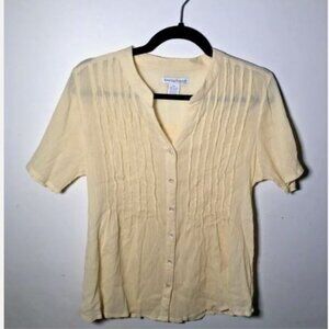 Hasting&Smith Petite Med 100% Cotton Linen Yellow Pleated Top Button Short Sleev